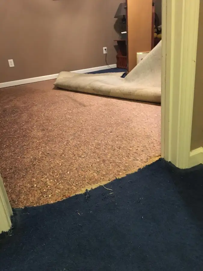 Carpet pad removal revealing water damage during Water Mitigation Services in Waterville